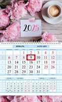 Календарь квартальный 1-блоч на 1 гребне 290х470мм Соло-Люкс Бумага Офсет цветной блок с бегунком цветная подложка на 2025г-Нежные пионы- в индив.упак.